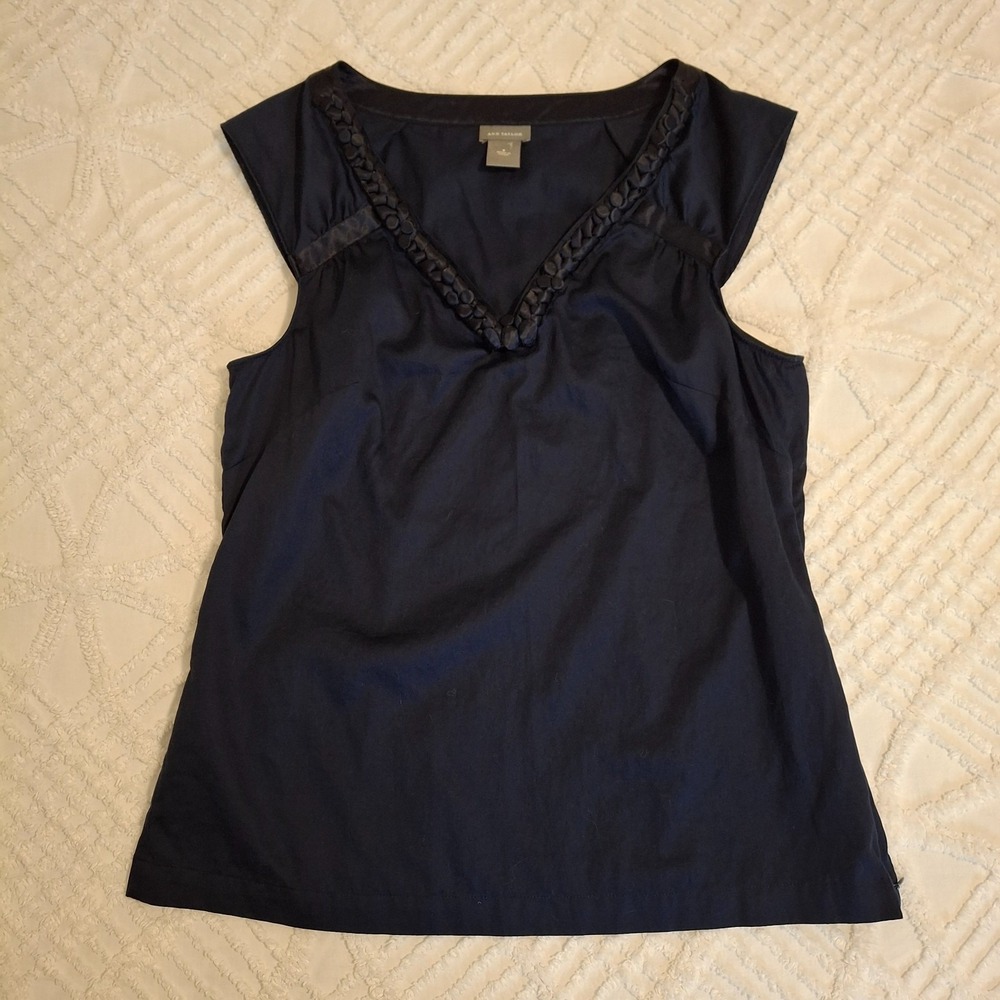 Ann Taylor Womens 8 Blouse Navy Blue V-Neck Braided Trim Cotton Side Zip Shell